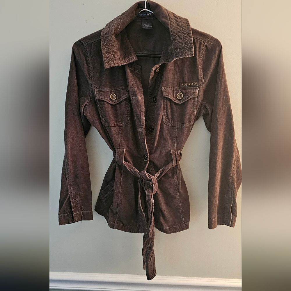 French Cuff Corduroy Jacket Lightweight, Pockets, Buttons, Dark Green/Brn Sz L